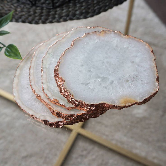 Natural White Rose Gold Plated Crystal Agate Coasters - Set Christmas , Anniversary Gift
