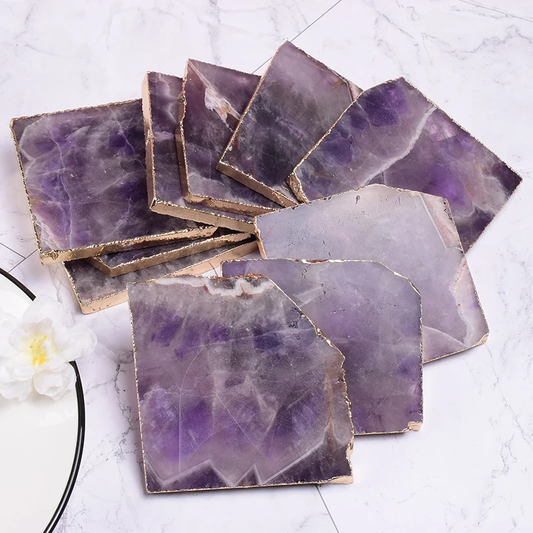 Natural Amethyst Gold Plated Crystal Agate Coasters Set Christmas , Anniversary Gift