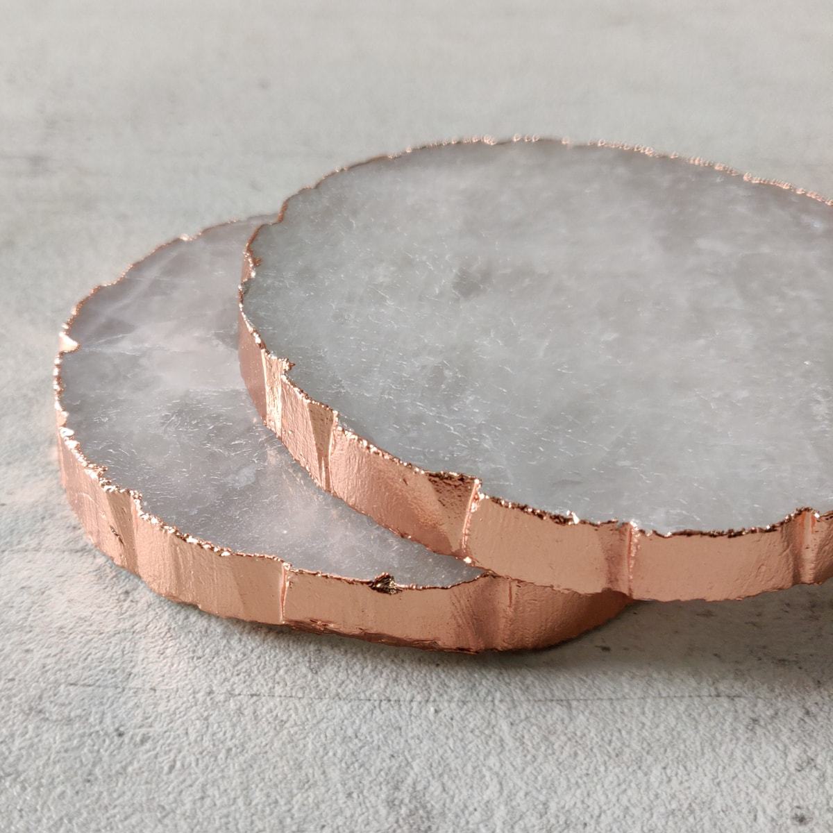 Natural White Rose Gold Plated Quartz Coasters - Set Christmas , Anniversary Gift