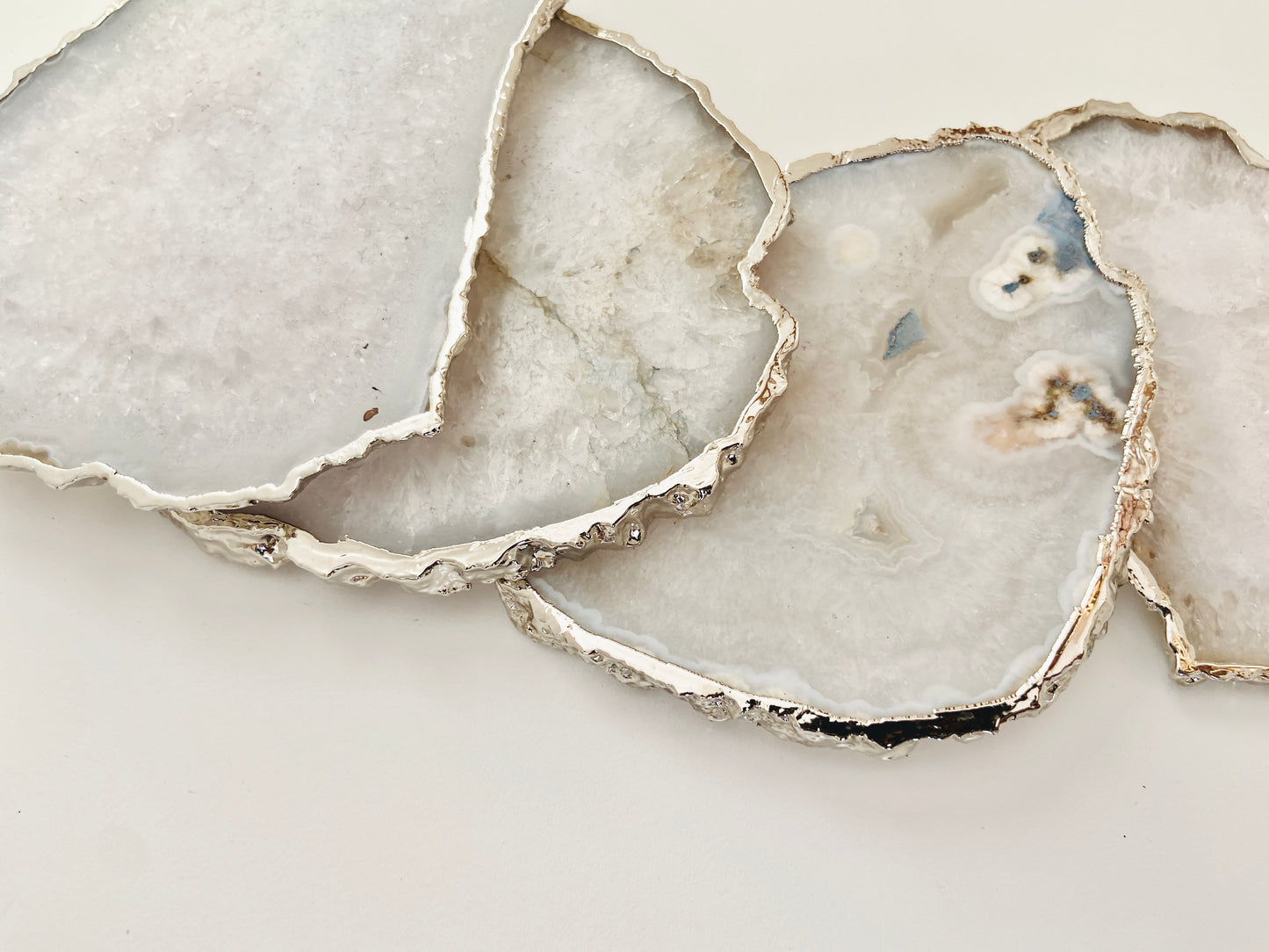 Natural White Silver Plated Crystal Agate Coasters - Set Christmas , Anniversary Gift