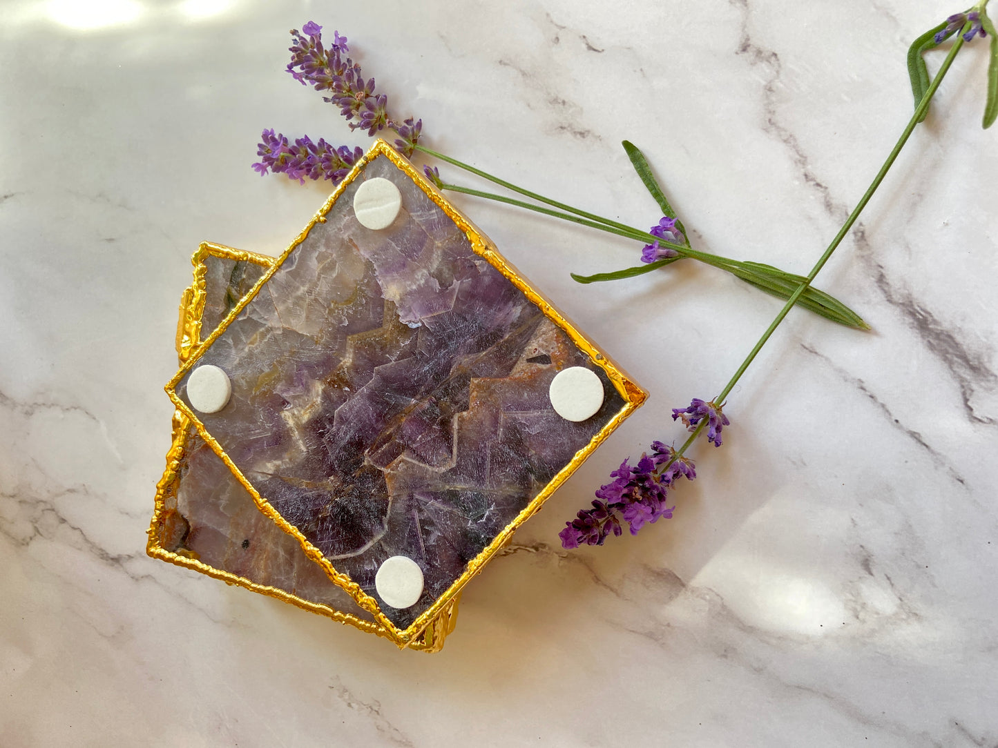 Natural Amethyst Gold Plated Crystal Agate Coasters Set Christmas , Anniversary Gift