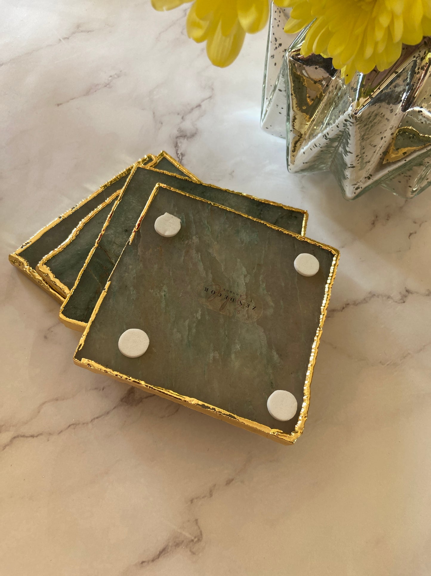 Green Aventurine Stone Square Gold Plated Crystal Agate Coasters Set Christmas , Anniversary Gift