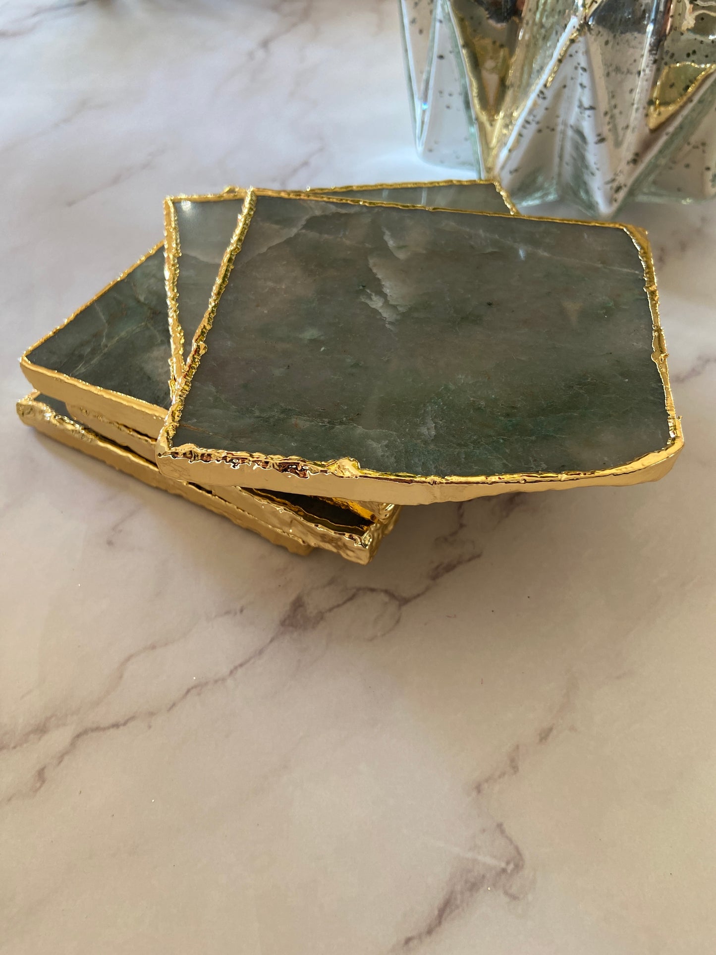 Green Aventurine Stone Square Gold Plated Crystal Agate Coasters Set Christmas , Anniversary Gift