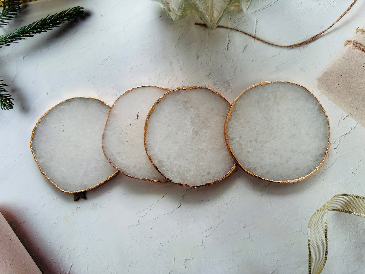 Natural White Rose Gold Plated Quartz Coasters - Set Christmas , Anniversary Gift