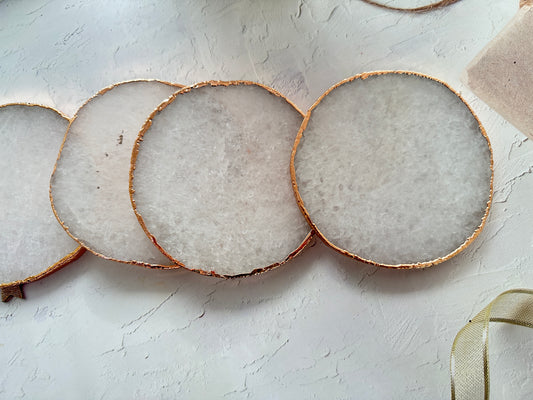 Natural White Rose Gold Plated Quartz Coasters - Set Christmas , Anniversary Gift