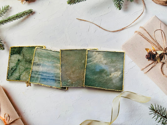 Green Aventurine Stone Square Gold Plated Crystal Agate Coasters Set Christmas , Anniversary Gift