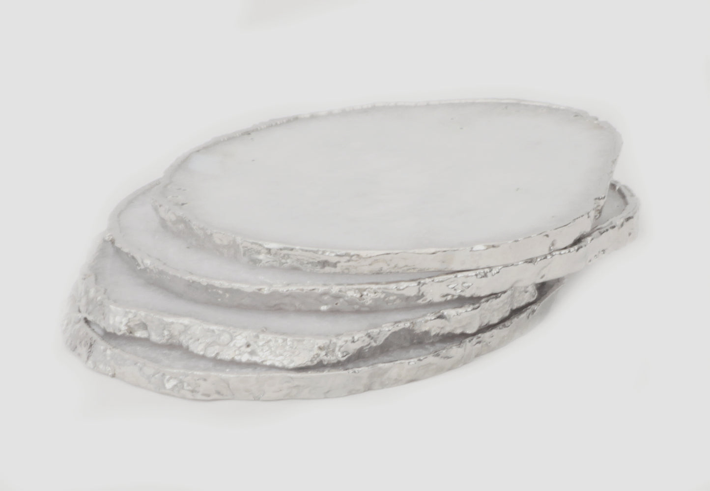 Natural White Silver Plated Crystal Agate Coasters - Set Christmas , Anniversary Gift