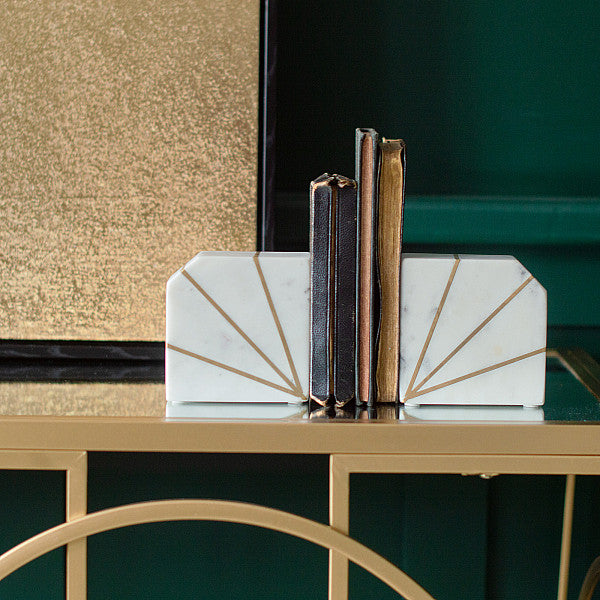 White Marble Brass Inlay Bookends I Books I Book Lover I Gift I Home I Living Room I Decor