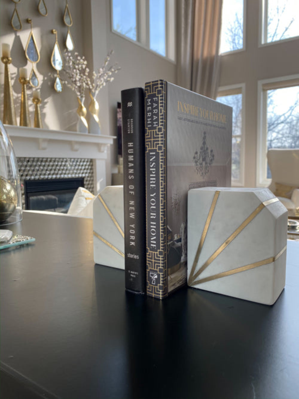 White Marble Brass Inlay Bookends I Books I Book Lover I Gift I Home I Living Room I Decor