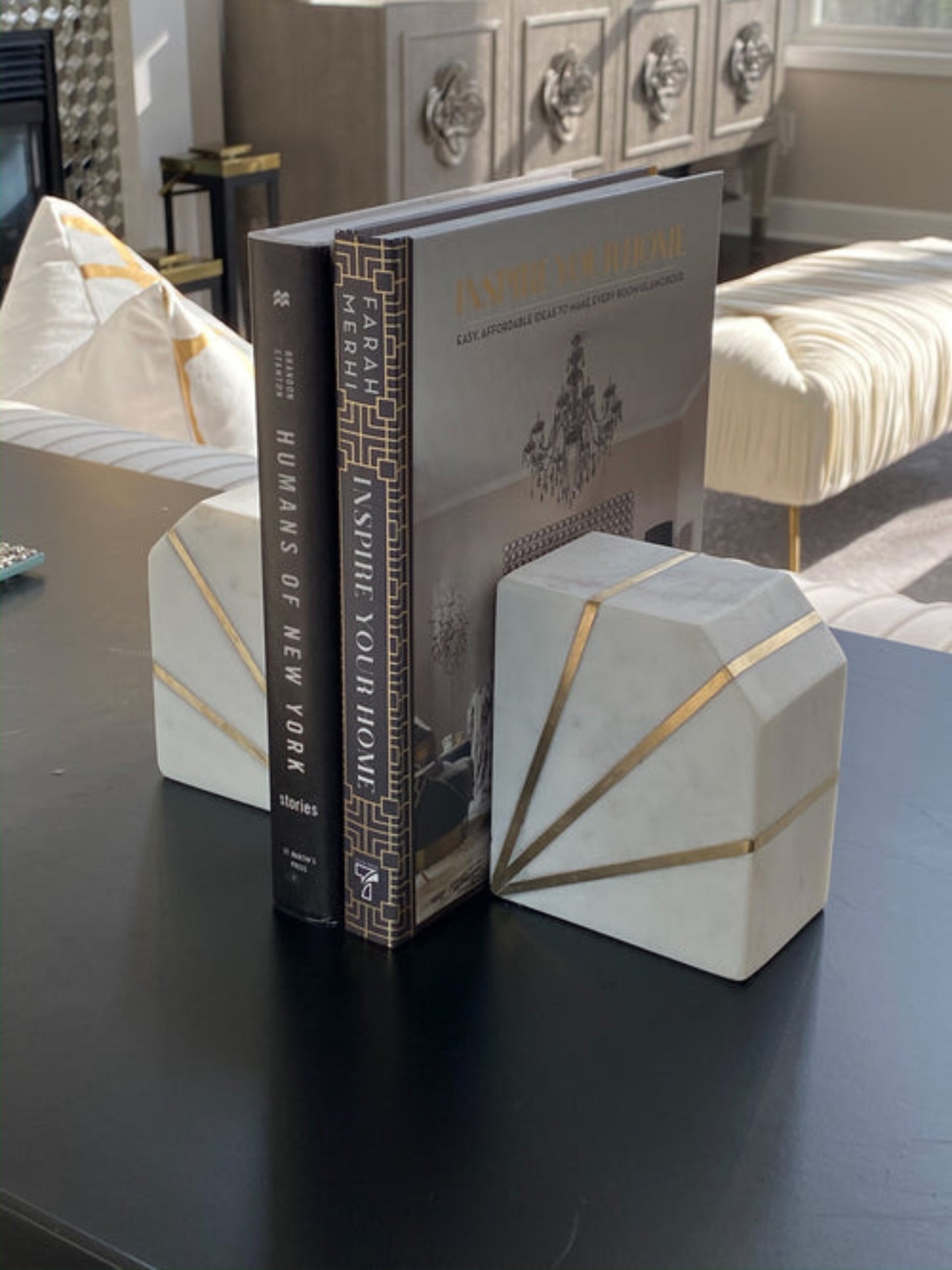 White Marble Brass Inlay Bookends I Books I Book Lover I Gift I Home I Living Room I Decor