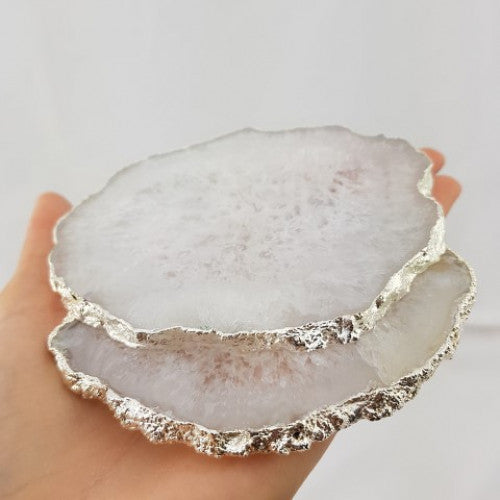 Natural White Silver Plated Crystal Agate Coasters - Set Christmas , Anniversary Gift