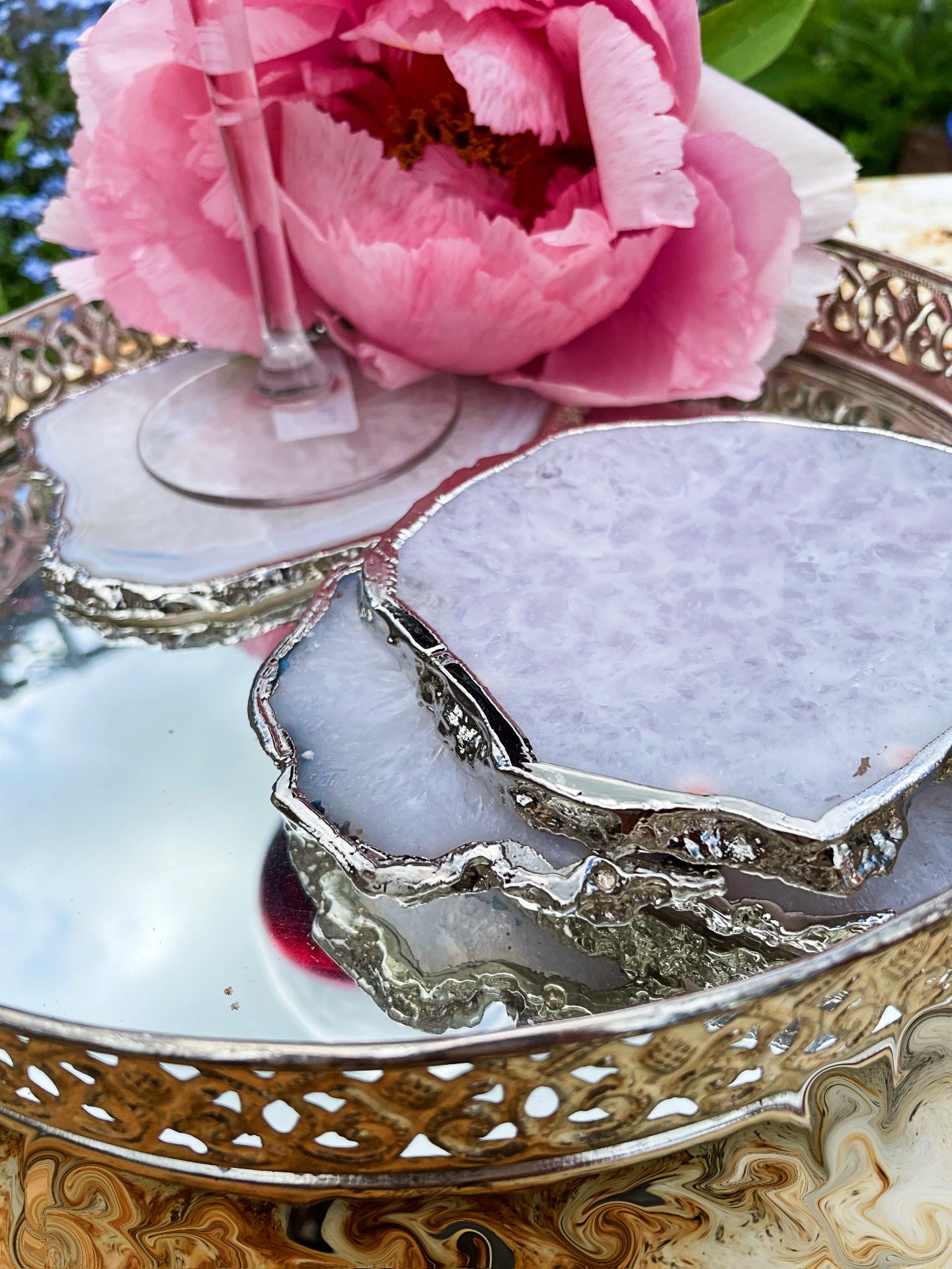 Natural White Silver Plated Crystal Agate Coasters - Set Christmas , Anniversary Gift